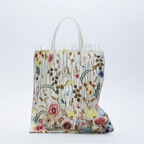 Zara Floral Embroidered Tule White Tote Bag - New - Picture 7 of 7